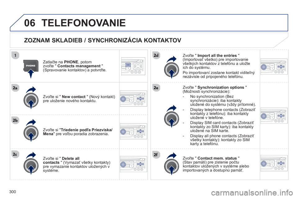 PEUGEOT 5008 2013  Návod na použitie (in Slovakian) 300
06TELEFONOVANIE 
   
ZOZNAM SKLADIEB / SYNCHRONIZÁCIA KONTAKTOV 
 
 
Zatlačte na  PHONE, potomzvoľte "  Contacts management"(Spravovanie kontaktov) a potvrďte.  
   
Zv
oľte si "  New contact