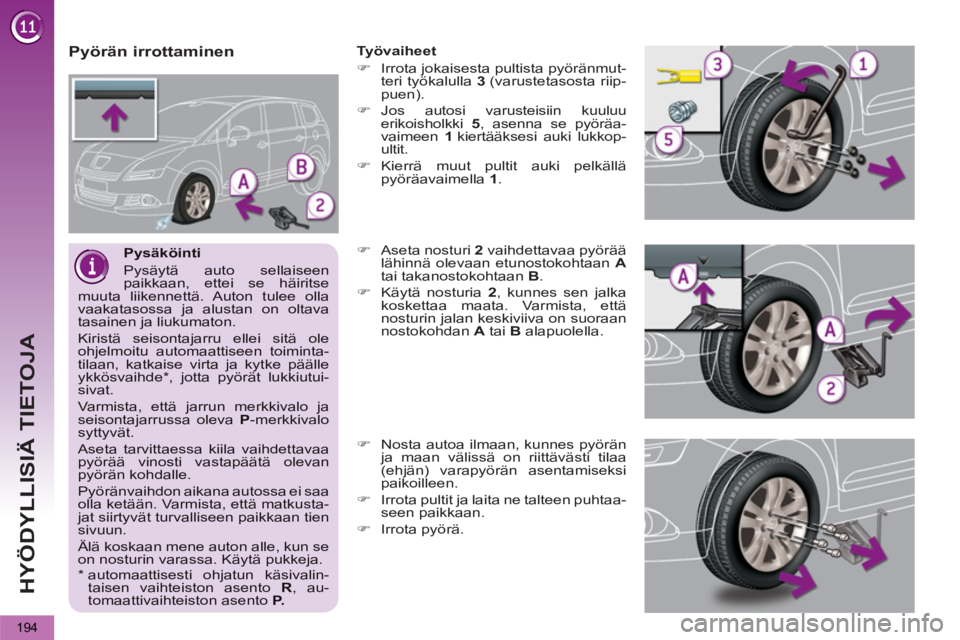 PEUGEOT 5008 2013  Omistajan Käsikirja (in Finnish) HYÖDYLLISIÄ TIETOJA
194
Pysäköinti
Pysäytä auto sellaiseenpaikkaan, ettei se häiritsemuuta liikennettä. Auton tulee ollavaakatasossa ja alustan on oltavatasainen ja liukumaton. 
 Kiristä seis