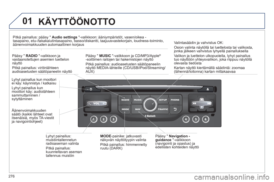 PEUGEOT 5008 2013 Omistajan Käsikirja (in Finnish) 276
01KÄYTTÖÖNOTTO
Pääsy " Navigation -guidance
"-valikkoon (navigointi ja opastus) ja edellisten kohteiden näyttö
Lyhyt painallus kun moottori ei käy: käynnistys / katkaisu
L
yhyt paina PEUGEOT 5008 2013 Omistajan Käsikirja (in Finnish) 276
01KÄYTTÖÖNOTTO
Pääsy " Navigation -guidance
"-valikkoon (navigointi ja opastus) ja edellisten kohteiden näyttö
Lyhyt painallus kun moottori ei käy: käynnistys / katkaisu
L
yhyt paina