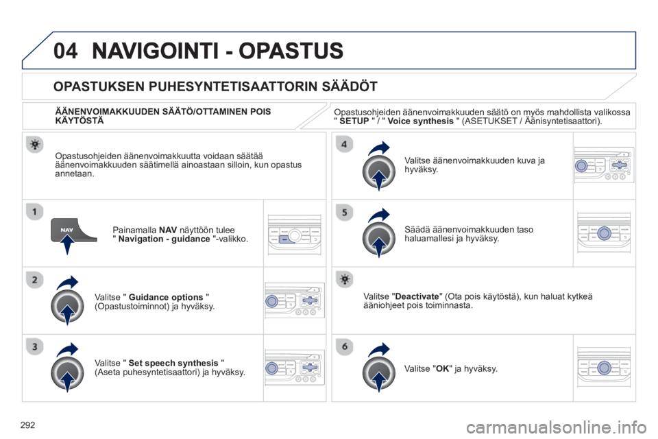 PEUGEOT 5008 2013  Omistajan Käsikirja (in Finnish) 292
04
Painamalla NAVnäyttöön tulee"Navigation - guidance"-valikko.
   
 
 
 
 
OPASTUKSEN PUHESYNTETISAATTORIN SÄÄDÖT
Valitse " Guidance options"(Opastustoiminnot) ja hyväksy.    
ÄÄNENVOIMA