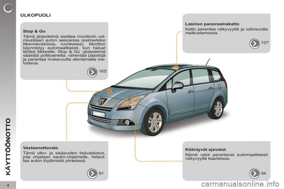PEUGEOT 5008 2013  Omistajan Käsikirja (in Finnish) K
Ä
Y
4
  ULKOPUOLI  
 
 
Vastaanottovalo 
  Tämä ulko- ja sisäpuolen lisävalaistus, 
jota ohjataan kauko-ohjaimella, helpot-
taa auton löytämistä pimeässä. 
  91  
     
Stop & Go 
  Tämä