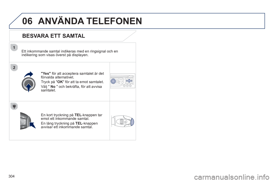 PEUGEOT 5008 2013  Bruksanvisningar (in Swedish) 304
06ANVÄNDA TELEFONEN 
   
BESVARA ETT SAMTAL
 
 
Ett inkommande samtal indikeras med en ringsignal och en
indikering som visas överst på displayen.  
"Yes" 
för att acceptera samtalet är det f