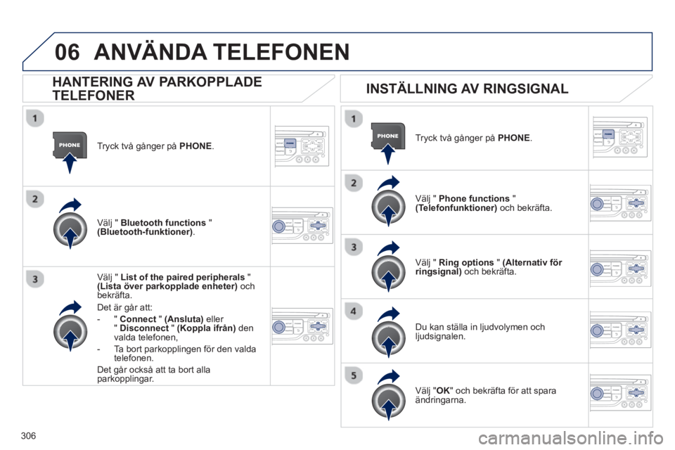 PEUGEOT 5008 2013  Bruksanvisningar (in Swedish) 306
06
Tryck två gånger på PHONE .
Välj " List of the paired peripherals"(Lista över parkopplade enheter) 
 ochbekräfta.  
Det är 
går att:
-
"Connect"(Ansluta)eller"  Disconnect   "  (Koppla 