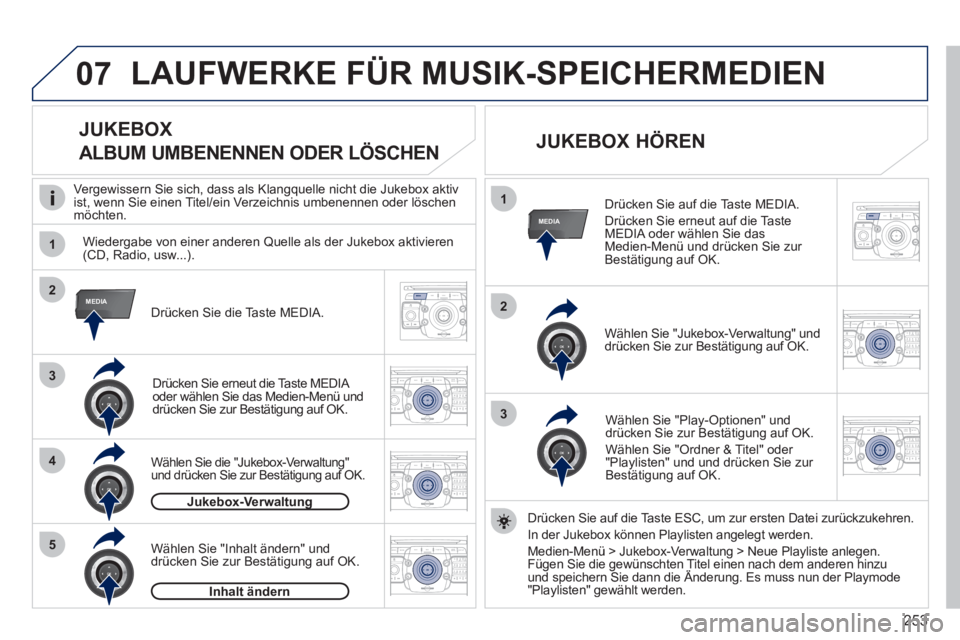 PEUGEOT 5008 2012  Betriebsanleitungen (in German) 253
07
1
4
1
2
3
MEDIA2
3
5
MEDIA
2ABC3DEF5JKL4GHI6MNO8TUV7PQRS9WXYZ0*#
1RADIO MEDIANAV ESC TRAFFIC
SETUPADDR
BOOK
2ABC3DEF5JKL4GHI6MNO8TUV7PQRS9WXYZ0*#
1RADIO MEDIANAV ESC TRAFFIC
SETUPADDR
BOOK
2ABC