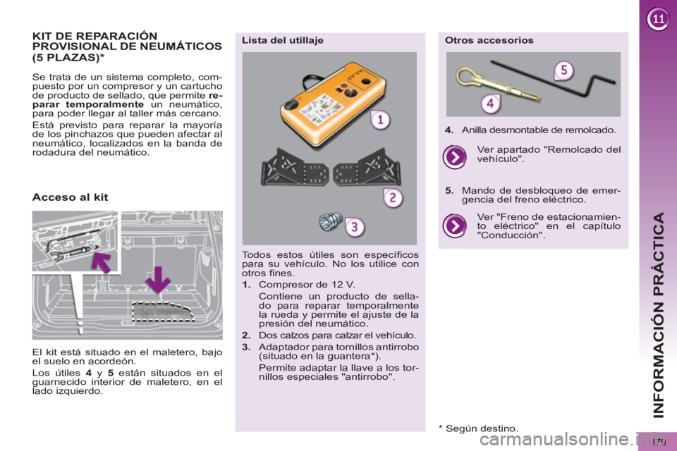 PEUGEOT 5008 2012 Manual del propietario (in Spanish)
INFORMACIÓN PRÁCTICA
179
KIT DE REPARACIÓN PROVISIONAL DE NEUMÁTICOS
Se trata de un sistema completo, com-
puesto por un compresor y un cartucho
de producto de sellado, que permite re-
parar PEUGEOT 5008 2012 Manual del propietario (in Spanish)
INFORMACIÓN PRÁCTICA
179
KIT DE REPARACIÓN PROVISIONAL DE NEUMÁTICOS
Se trata de un sistema completo, com-
puesto por un compresor y un cartucho
de producto de sellado, que permite re-
parar