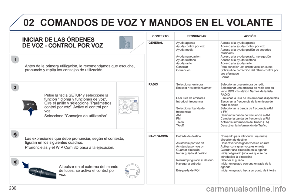 PEUGEOT 5008 2012 Manual del propietario (in Spanish) 230
02
1
SETUP2ABC3DEF5JKL4GHI6MNO8TUV7PQRS9WXYZ0*#
1NAV ESC TRAFFICADDR
BOOKSETUP
Antes de la primera utilización, le recomendamos que escuche, pronuncie y repita los consejos de utilización.
PEUGEOT 5008 2012 Manual del propietario (in Spanish) 230
02
1
SETUP2ABC3DEF5JKL4GHI6MNO8TUV7PQRS9WXYZ0*#
1NAV ESC TRAFFICADDR
BOOKSETUP
Antes de la primera utilización, le recomendamos que escuche, pronuncie y repita los consejos de utilización.
