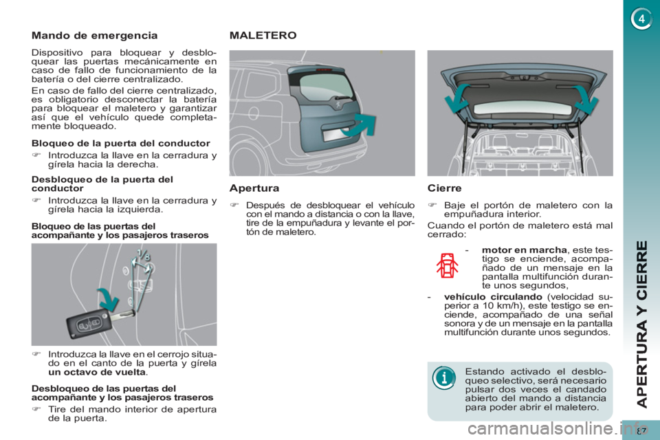 PEUGEOT 5008 2012 Manual del propietario (in Spanish) AP
E
87
Mando de emergencia
Dispositivo para bloquear y desblo-
quear las puertas mecánicamente en
caso de fallo de funcionamiento de la
batería o del cierre centralizado.
En caso de fallo d PEUGEOT 5008 2012 Manual del propietario (in Spanish) AP
E
87
Mando de emergencia
Dispositivo para bloquear y desblo-
quear las puertas mecánicamente en
caso de fallo de funcionamiento de la
batería o del cierre centralizado.
En caso de fallo d