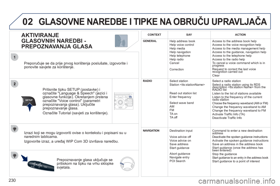 PEUGEOT 5008 2012  Upute Za Rukovanje (in Croatian) 230
02
1
SETUP2ABC3DEF5JKL4GHI6MNO8TUV7PQRS9WXYZ0*#
1NAV ESC TRAFFICADDR
BOOKSETUP
   
Preporučuje se da prije prvog korištenja poslušate, izgovorite i ponovite savjete za korištenje.
Pritisnite t