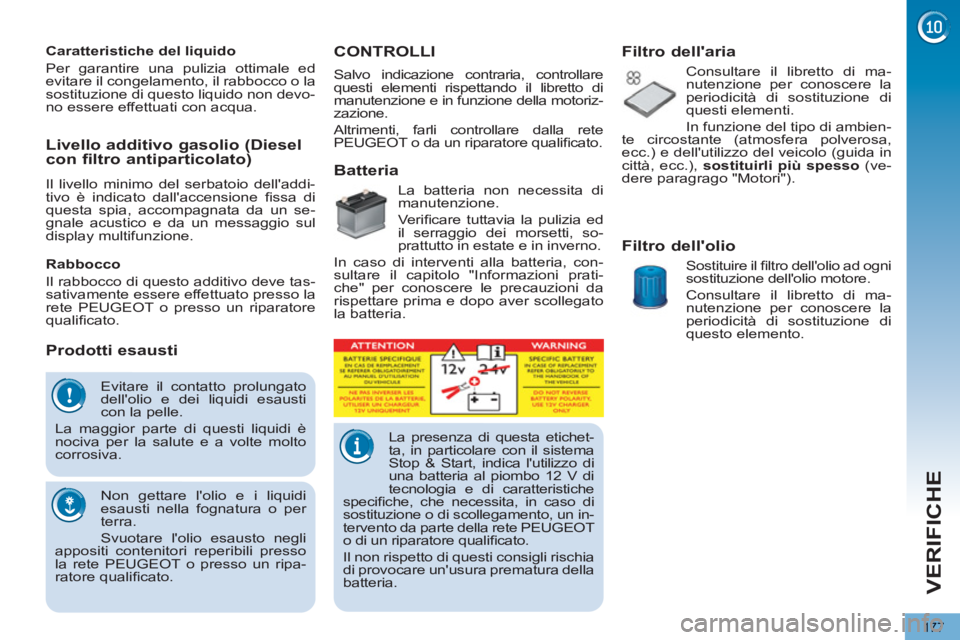 PEUGEOT 5008 2012 Manuale duso (in Italian) VERIFICHE
177
Evitare il contatto prolungato
dellolio e dei liquidi esausti
con la pelle.
La maggior parte di questi liquidi è
nociva per la salute e a volte molto
corrosiva.
Non gettare PEUGEOT 5008 2012 Manuale duso (in Italian) VERIFICHE
177
Evitare il contatto prolungato
dellolio e dei liquidi esausti
con la pelle.
La maggior parte di questi liquidi è
nociva per la salute e a volte molto
corrosiva.
Non gettare