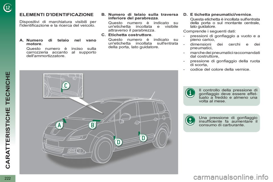 PEUGEOT 5008 2012 Manuale duso (in Italian) CARATTERISTICHE TECNICHE
222
ELEMENTI DIDENTIFICAZIONE
Dispositivi di marchiatura visibili per
lidentifi cazione e la ricerca del veicolo.
Una pressione di gonfi aggio
insuffi ciente fa PEUGEOT 5008 2012 Manuale duso (in Italian) CARATTERISTICHE TECNICHE
222
ELEMENTI DIDENTIFICAZIONE
Dispositivi di marchiatura visibili per
lidentifi cazione e la ricerca del veicolo.
Una pressione di gonfi aggio
insuffi ciente fa
