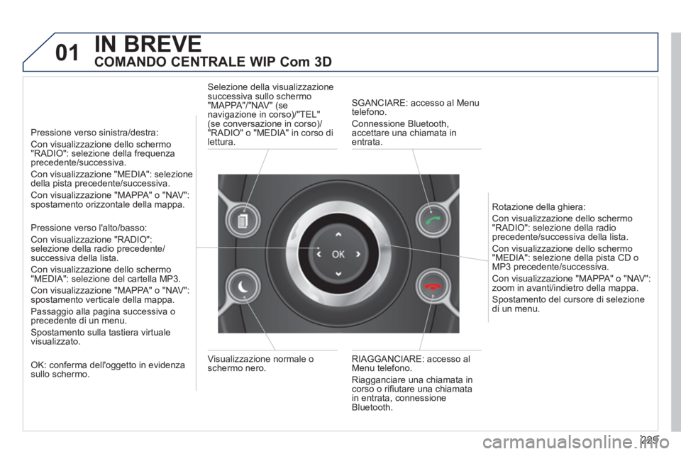 PEUGEOT 5008 2012 Manuale duso (in Italian) 229
01IN BREVE
COMANDO CENTRALE WIP Com 3D
Pressione verso sinistra/destra:
Con visualizzazione dello schermo"RADIO": selezione della frequenzaprecedente/successiva.
Con visualizzazione "MEDI PEUGEOT 5008 2012 Manuale duso (in Italian) 229
01IN BREVE
COMANDO CENTRALE WIP Com 3D
Pressione verso sinistra/destra:
Con visualizzazione dello schermo"RADIO": selezione della frequenzaprecedente/successiva.
Con visualizzazione "MEDI