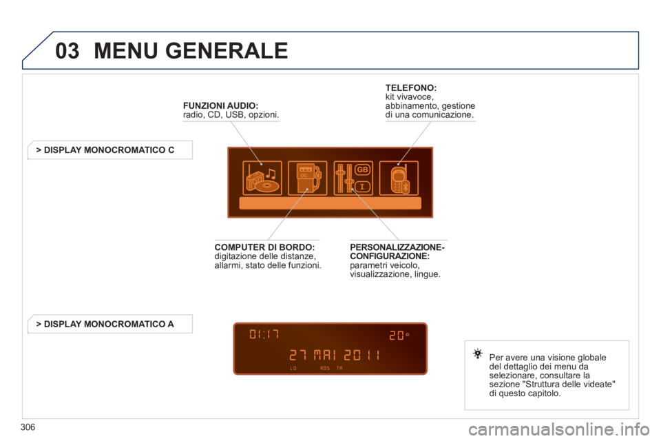 PEUGEOT 5008 2012  Manuale duso (in Italian) 306
03  MENU GENERALE 
FUNZIONI AUDIO:
  radio, CD, USB, opzioni.  
   
 
 
 
 
 
 
 
> DISPLAY MONOCROMATICO C  
Per avere una visione 
globale 
del dettaglio dei menu da selezionare, consultare lase