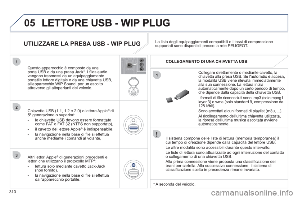 PEUGEOT 5008 2012 Manuale duso (in Italian) 310
05
1
1
2
3
Il sistema compone delle liste di lettura (memoria temporanea) ilcui tempo di creazione dipende dalla capacità del lettore USB.
Le altre modalità sono accessibili durante quest PEUGEOT 5008 2012 Manuale duso (in Italian) 310
05
1
1
2
3
Il sistema compone delle liste di lettura (memoria temporanea) ilcui tempo di creazione dipende dalla capacità del lettore USB.
Le altre modalità sono accessibili durante quest