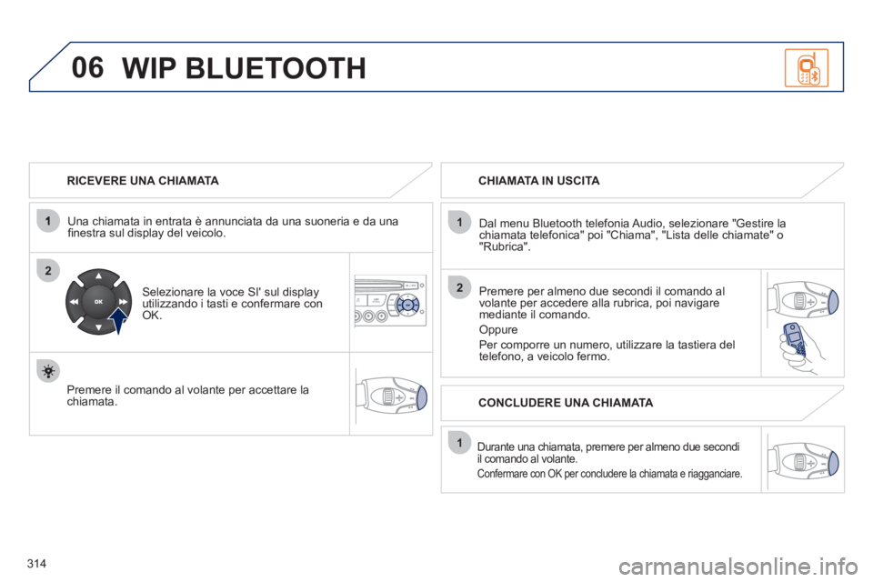 PEUGEOT 5008 2012  Manuale duso (in Italian) 314
06
2
1
2
1
OK
   
RICEVERE UNA CHIAMATA  
   
Una chiamata in entrata è annunciata da una suoneria e da una 
ﬁ nestra sul display del veicolo.
   
Selezionare la voce SI sul display utilizzand
