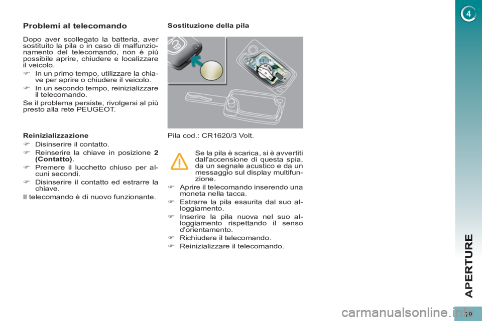 PEUGEOT 5008 2012 Manuale duso (in Italian) APE
79
Problemi al telecomando
Dopo aver scollegato la batteria, aver
sostituito la pila o in caso di malfunzio-
namento del telecomando, non è più
possibile aprire, chiudere e localizzare
il v PEUGEOT 5008 2012 Manuale duso (in Italian) APE
79
Problemi al telecomando
Dopo aver scollegato la batteria, aver
sostituito la pila o in caso di malfunzio-
namento del telecomando, non è più
possibile aprire, chiudere e localizzare
il v
