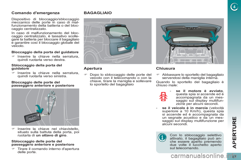 PEUGEOT 5008 2012 Manuale duso (in Italian) APE
87
Comando demergenza
Dispositivo di bloccaggio/sbloccaggio
meccanico delle porte in caso di mal-
funzionamento della batteria o del bloc-
caggio centralizzato.
In caso di malfunzionamento PEUGEOT 5008 2012 Manuale duso (in Italian) APE
87
Comando demergenza
Dispositivo di bloccaggio/sbloccaggio
meccanico delle porte in caso di mal-
funzionamento della batteria o del bloc-
caggio centralizzato.
In caso di malfunzionamento