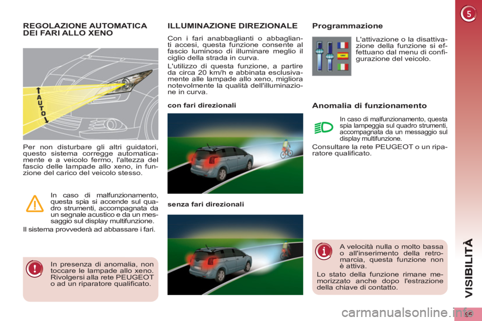 PEUGEOT 5008 2012 Manuale duso (in Italian) VIS
95
ILLUMINAZIONE DIREZIONALE
Con i fari anabbaglianti o abbaglian-
ti accesi, questa funzione consente al
fascio luminoso di illuminare meglio il
ciglio della strada in curva.
Lutilizzo d PEUGEOT 5008 2012 Manuale duso (in Italian) VIS
95
ILLUMINAZIONE DIREZIONALE
Con i fari anabbaglianti o abbaglian-
ti accesi, questa funzione consente al
fascio luminoso di illuminare meglio il
ciglio della strada in curva.
Lutilizzo d