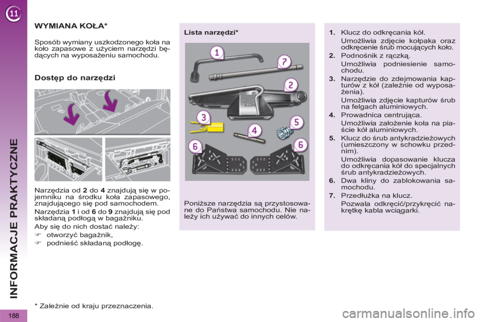PEUGEOT 5008 2012  Instrukcja obsługi (in Polish) INFORMACJE PRAKTYCZNE
188
WYMIANA KOŁA *  
 
Narzędzia od  2 
 do  4 
 znajdują się w po-
jemniku na środku koła zapasowego, 
znajdującego się pod samochodem. 
  Narzędzia  1 
 i od  6 
 do  