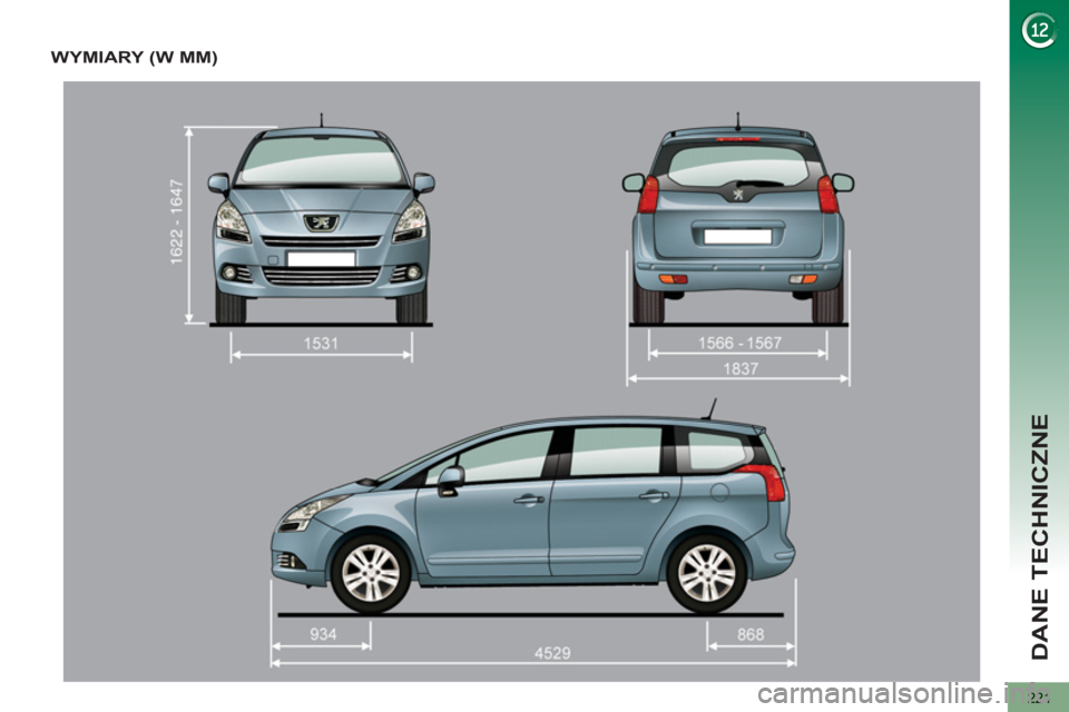 PEUGEOT 5008 2012  Instrukcja obsługi (in Polish) DANE TECHNICZNE
221
WYMIARY (W MM)  