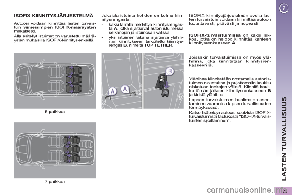 PEUGEOT 5008 2012  Omistajan Käsikirja (in Finnish) LASTEN TURVALLISUUS
123
ISOFIX-KIINNITYSJÄRJESTELMÄ
  Autoosi voidaan kiinnittää lasten turvais-
tuin  viimeisimpien 
 ISOFIX- määräysten 
 
mukaisesti. 
  Alla esitellyt istuimet on varustettu