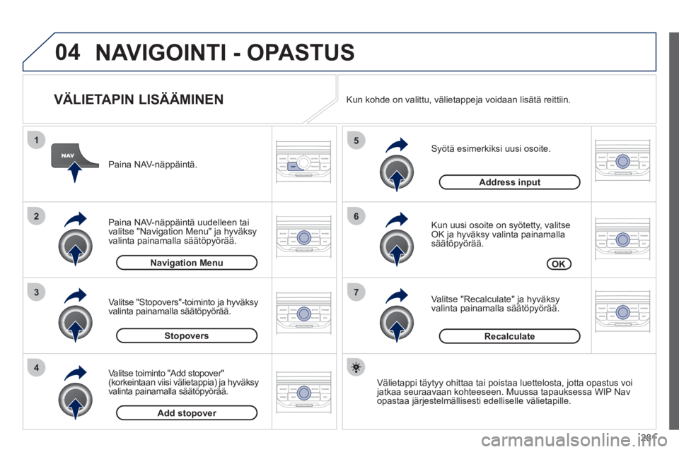 PEUGEOT 5008 2012  Omistajan Käsikirja (in Finnish) 281
04
7
6
5
4
3
2
1
   
VÄLIETAPIN LISÄÄMINEN 
 
 Syötä esimerkiksi uusi osoite. 
   
Kun uusi osoite on syötetty, valitseOK ja hyväksy valinta painamallasäätöpyörää.
   
Valitse "Recalc