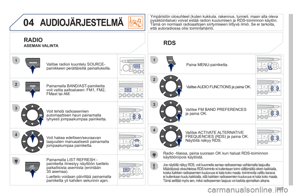 PEUGEOT 5008 2012  Omistajan Käsikirja (in Finnish) 307
04
1
2
3
4
1
2
3
4
SOURCE
BANDAST
LISTREFRESH
MENU
AUDIOJÄRJESTELMÄ
  Valitse radion kuuntelu SOURCE-painikkeen perättäisillä painalluksilla.
   
Painamalla BAND
/AST-painiketta
voit valita a