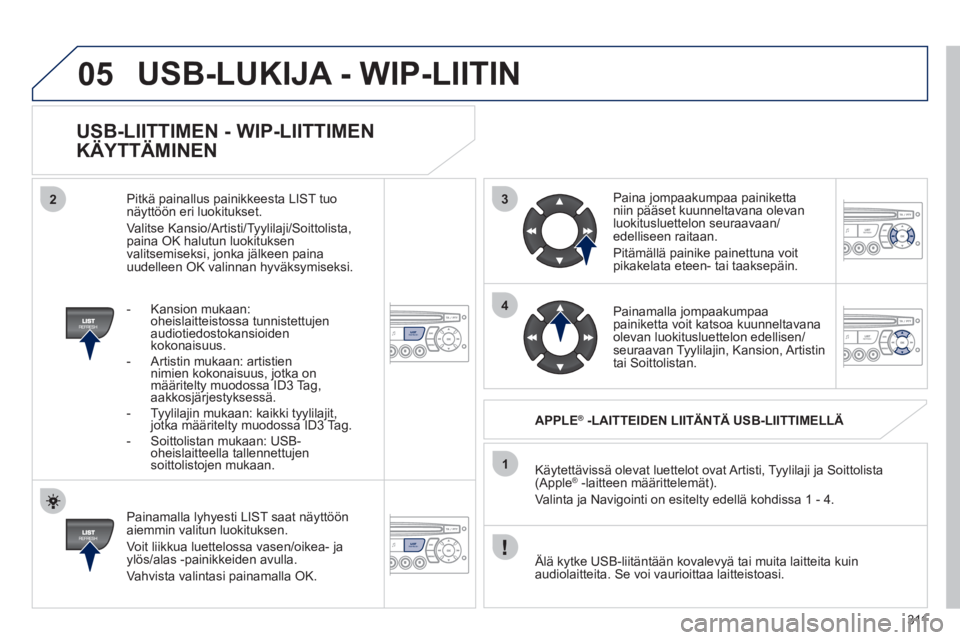 PEUGEOT 5008 2012  Omistajan Käsikirja (in Finnish) 311
3
4
05
2
1
LISTREFRESH
LISTREFRESH
   
USB-LIITTIMEN - WIP-LIITTIMEN 
KÄYTTÄMINEN 
   
Painamalla lyhyesti LIST saat näyttöön aiemmin valitun luokituksen.
  Voit liikkua luettelossa vasen/oik