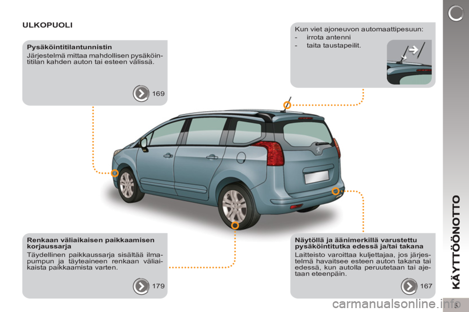 PEUGEOT 5008 2012  Omistajan Käsikirja (in Finnish) 5
ULKOPUOLI
   
Näytöllä ja äänimerkillä varustettu 
pysäköintitutka edessä ja/tai takana 
  Laitteisto varoittaa kuljettajaa, jos järjes-
telmä havaitsee esteen auton takana tai 
edessä, 