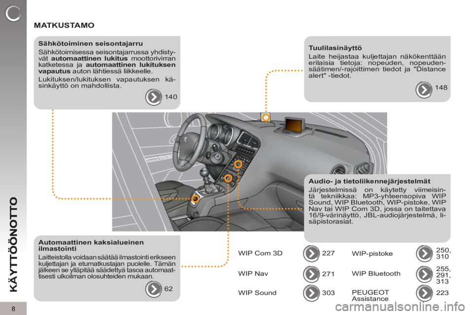 PEUGEOT 5008 2012  Omistajan Käsikirja (in Finnish) K
Ä
Y
8
  MATKUSTAMO  
 
 
Sähkötoiminen seisontajarru 
  Sähkötoimisessa seisontajarrussa yhdisty-
vät  automaattinen lukitus 
 moottorivirran 
katketessa ja  automaattinen lukituksen 
vapautus