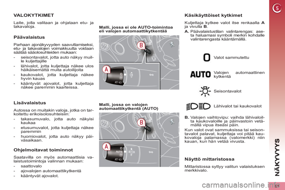 PEUGEOT 5008 2012  Omistajan Käsikirja (in Finnish) NÄ
91
VALOKYTKIMET 
  Laite, jolla valitaan ja ohjataan etu- ja 
takavaloja. 
Päävalaistus
  Parhaan ajonäkyvyyden saavuttamiseksi, 
etu- ja takavalojen voimakkuutta voidaan 
säätää sääolosu