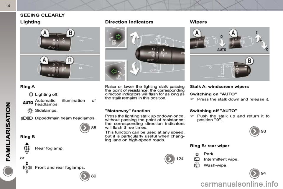 PEUGEOT 5008 2010.5  Owners Manual 14
 SEEING CLEARLY 
  Lighting 
  Ring A  Lighting off. 
  Ring B   Sidelamps. 
 Dipped/main beam headlamps. 
 Rear foglamp. 
 or   Front and rear foglamps. 
 Automatic  illumination  of  
headlamps. 
