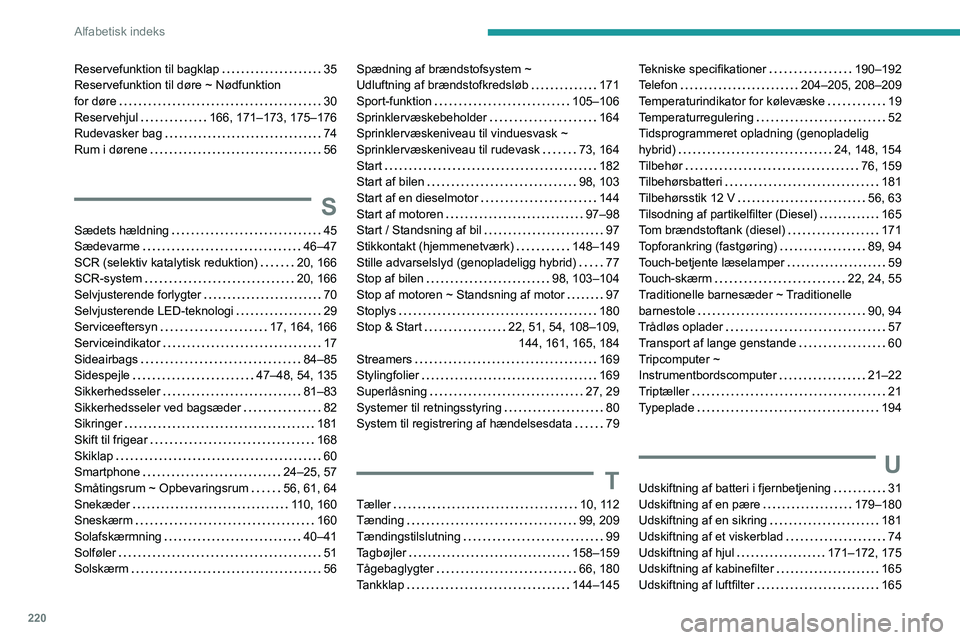 PEUGEOT 508 2023 Brugsanvisning (in Danish) 220
Alfabetisk indeks
Reservefunktion til bagklap 35
Reservefunktion til døre ~ Nødfunktion
for døre
30
Reservehjul
166, 171–173, 175–176
Rudevasker bag
74
Rum i dørene
PEUGEOT 508 2023 Brugsanvisning (in Danish) 220
Alfabetisk indeks
Reservefunktion til bagklap 35
Reservefunktion til døre ~ Nødfunktion
for døre
30
Reservehjul
166, 171–173, 175–176
Rudevasker bag
74
Rum i dørene