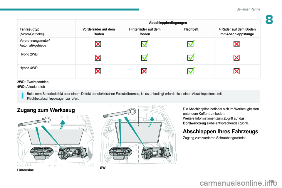 PEUGEOT 508 2023  Betriebsanleitungen (in German) 205
Bei einer Panne
8Abschleppbedingungen
Fahrzeugtyp
(Motor/Getriebe) Vorderräder auf dem 
Boden Hinterräder auf dem 
Boden Flachbett
4 Räder auf dem Boden 
mit Abschleppstange
Verbrennungsmotor/
