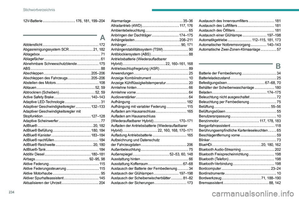 PEUGEOT 508 2023 Betriebsanleitungen (in German) 234
Stichwortverzeichnis
12V-Batterie 176, 181, 199–204
A
Abblendlicht 172
Abgasreinigungssystem SCR
21, 182
Ablagebox
71
Ablagefächer
61
Abnehmbare Schneeschutzblende
175
PEUGEOT 508 2023 Betriebsanleitungen (in German) 234
Stichwortverzeichnis
12V-Batterie 176, 181, 199–204
A
Abblendlicht 172
Abgasreinigungssystem SCR
21, 182
Ablagebox
71
Ablagefächer
61
Abnehmbare Schneeschutzblende
175
