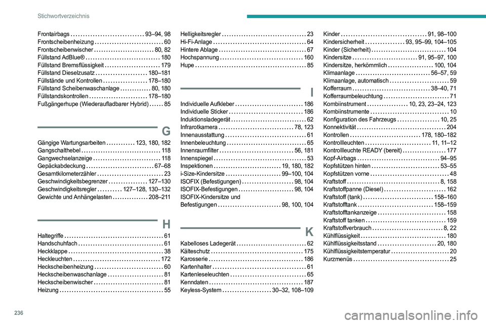 PEUGEOT 508 2023 Betriebsanleitungen (in German) 236
Stichwortverzeichnis
Frontairbags 93–94, 98
Frontscheibenheizung
60
Frontscheibenwischer
80, 82
Füllstand AdBlue®
180
Füllstand Bremsflüssigkeit
179
Füllstand Dieselz PEUGEOT 508 2023 Betriebsanleitungen (in German) 236
Stichwortverzeichnis
Frontairbags 93–94, 98
Frontscheibenheizung
60
Frontscheibenwischer
80, 82
Füllstand AdBlue®
180
Füllstand Bremsflüssigkeit
179
Füllstand Dieselz