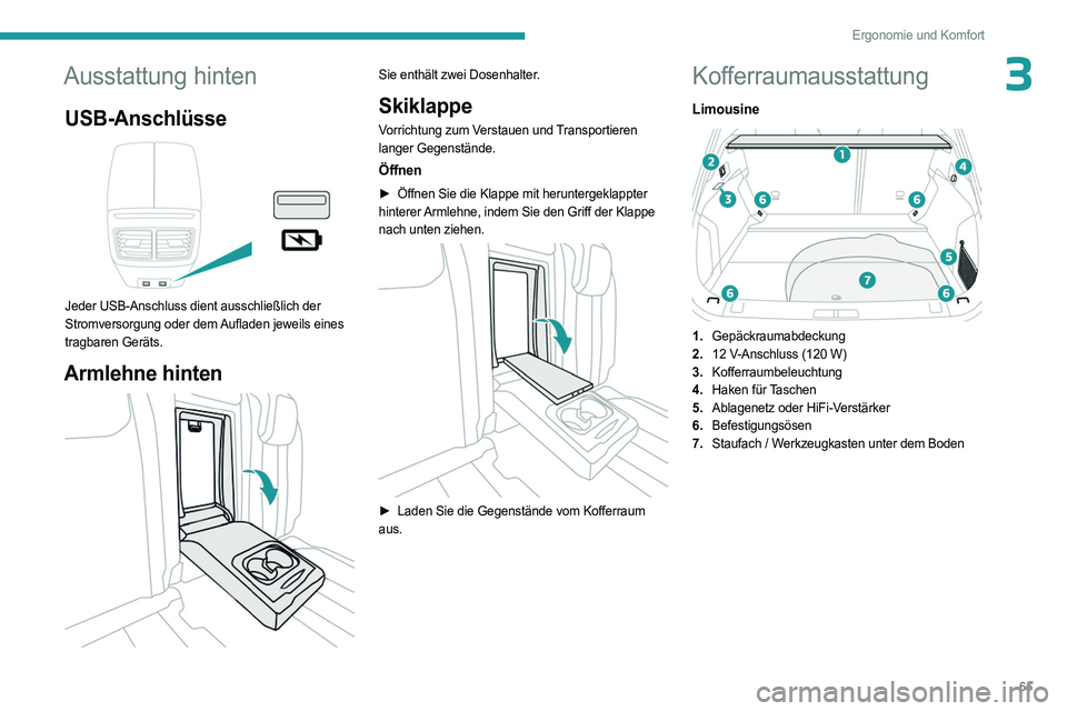 PEUGEOT 508 2023  Betriebsanleitungen (in German) 65
Ergonomie und Komfort
3Ausstattung hinten
USB-Anschlüsse 
 
Jeder USB-Anschluss dient ausschließlich der 
Stromversorgung oder dem Aufladen jeweils eines 
tragbaren Geräts.
Armlehne hinten 
 
Si