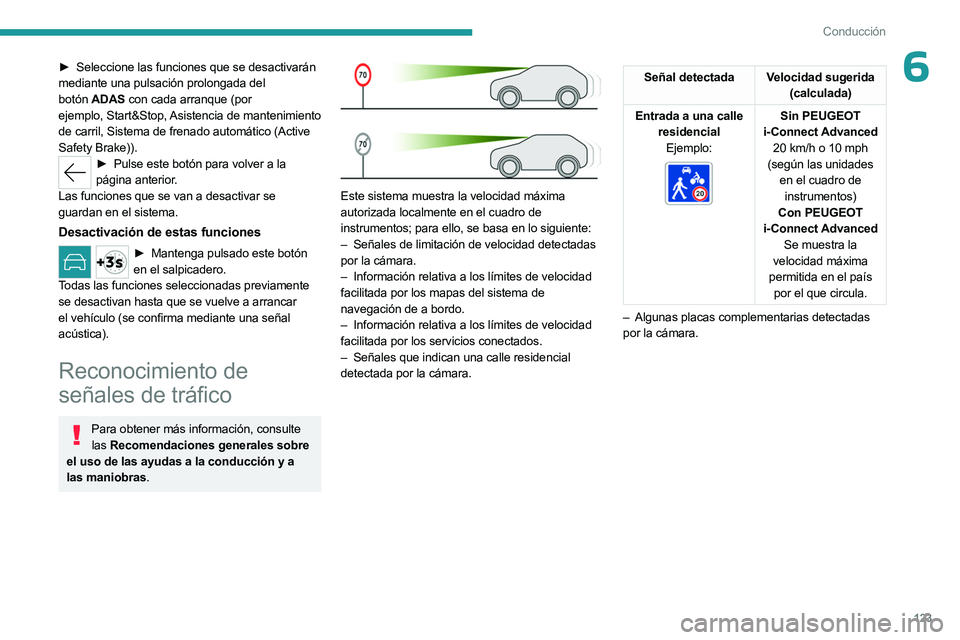 PEUGEOT 508 2023  Manual del propietario (in Spanish) 123
Conducción
6► Seleccione las funciones que se desactivarán 
mediante una pulsación prolongada del 
botón  ADAS con cada arranque (por 
ejemplo,
  Start&Stop, Asistencia de mantenimiento 
de 