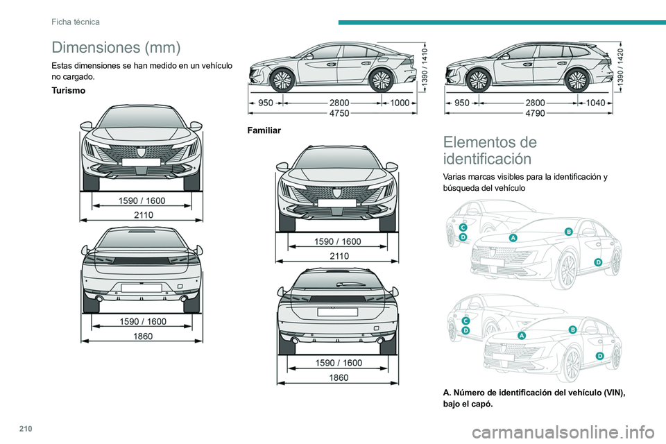 PEUGEOT 508 2023  Manual del propietario (in Spanish) 210
Ficha técnica
Dimensiones (mm)
Estas dimensiones se han medido en un vehículo 
no cargado.
Turismo 
 
 
 
Familiar 
 
 
 
Elementos de 
identificación
Varias marcas visibles para la identificac