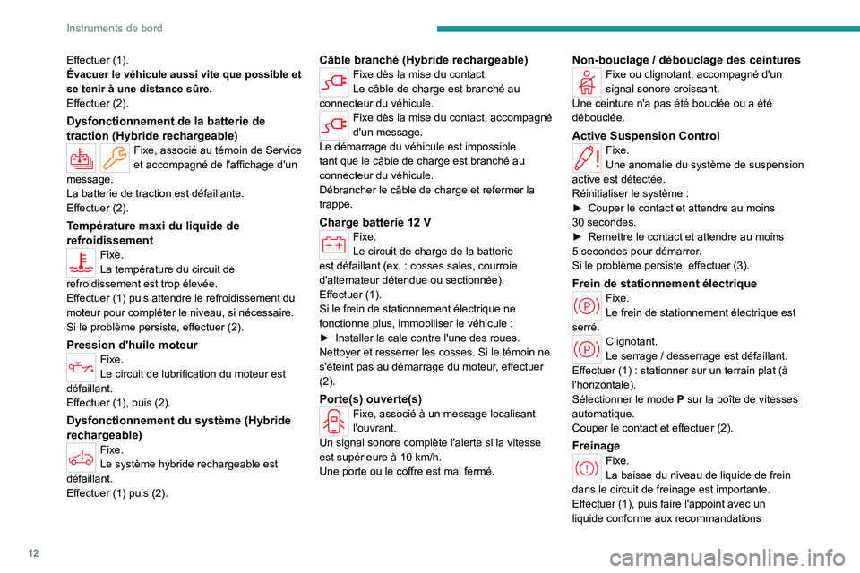 PEUGEOT 508 2023  Manuel du propriétaire (in French) 12
Instruments de bord
Effectuer (1).
Évacuer le véhicule aussi vite que possible et 
se tenir à une distance sûre.
Effectuer (2).
Dysfonctionnement de la batterie de 
traction (Hybride rechargeab