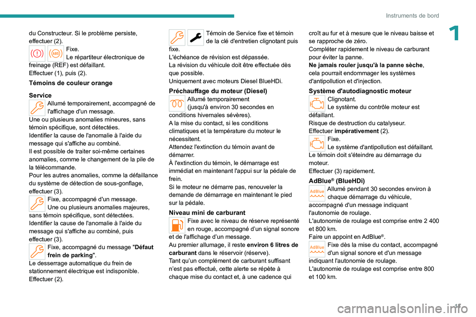 PEUGEOT 508 2023  Manuel du propriétaire (in French) 13
Instruments de bord
1du Constructeur. Si le problème persiste, 
effectuer  (2).
Fixe.
Le répartiteur électronique de 
freinage
 
(REF) est défaillant.
Effectuer (1), puis (2).
Témoins de coule