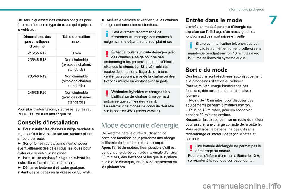 PEUGEOT 508 2023  Manuel du propriétaire (in French) 171
Informations pratiques
7Utiliser uniquement des chaînes conçues pour 
être montées sur le type de roues qui équipent 
le véhicule  :
Dimensions des pneumatiques  d'origine Taille de mail