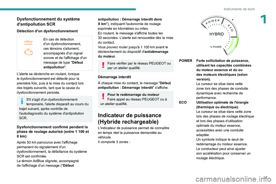 PEUGEOT 508 2023  Manuel du propriétaire (in French) 21
Instruments de bord
1Dysfonctionnement du système 
d'antipollution SCR
Détection d'un dysfonctionnement
 
 
En cas de détection 
d'un dysfonctionnement, 
ces témoins s'allument,