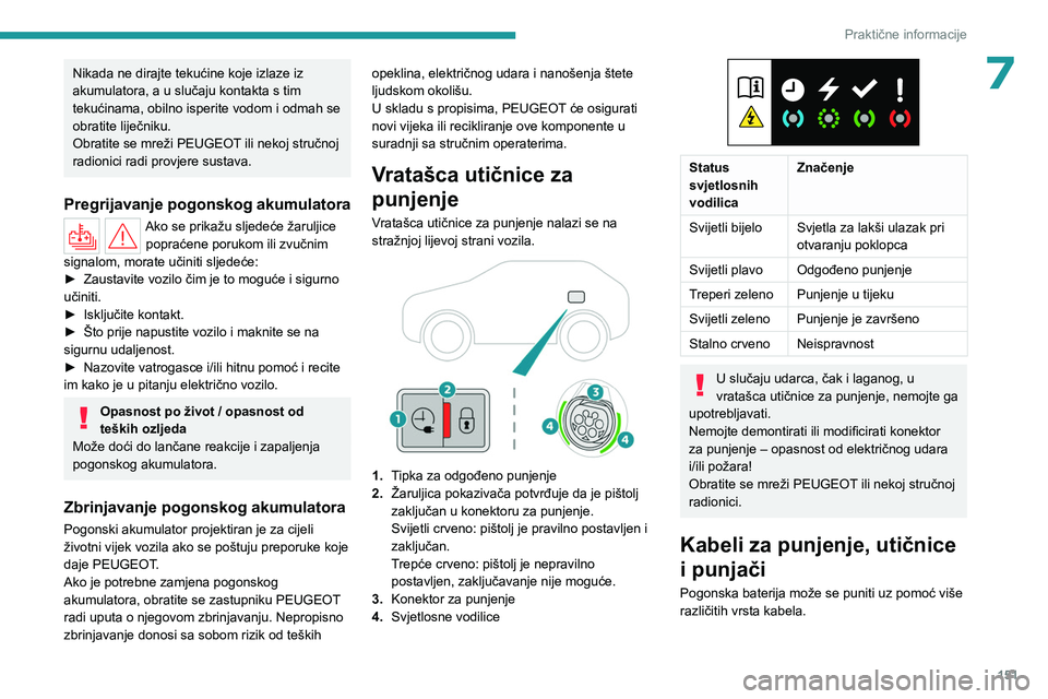 PEUGEOT 508 2023 Upute Za Rukovanje (in Croatian) 151
Praktične informacije
7Nikada ne dirajte tekućine koje izlaze iz
akumulatora, a u slučaju kontakta s tim
tekućinama, obilno isperite vodom i odmah se
obratite liječniku.
Obratite se mreži PEUGEOT 508 2023 Upute Za Rukovanje (in Croatian) 151
Praktične informacije
7Nikada ne dirajte tekućine koje izlaze iz
akumulatora, a u slučaju kontakta s tim
tekućinama, obilno isperite vodom i odmah se
obratite liječniku.
Obratite se mreži