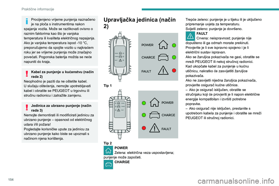 PEUGEOT 508 2023 Upute Za Rukovanje (in Croatian) 154
Praktične informacije
Procijenjeno vrijeme punjenja naznačeno
je na ploča s instrumentima nakon
spajanja vozila. Može se razlikovati ovisno o
raznim faktorima kao što je vanjska
temperatu PEUGEOT 508 2023 Upute Za Rukovanje (in Croatian) 154
Praktične informacije
Procijenjeno vrijeme punjenja naznačeno
je na ploča s instrumentima nakon
spajanja vozila. Može se razlikovati ovisno o
raznim faktorima kao što je vanjska
temperatu
