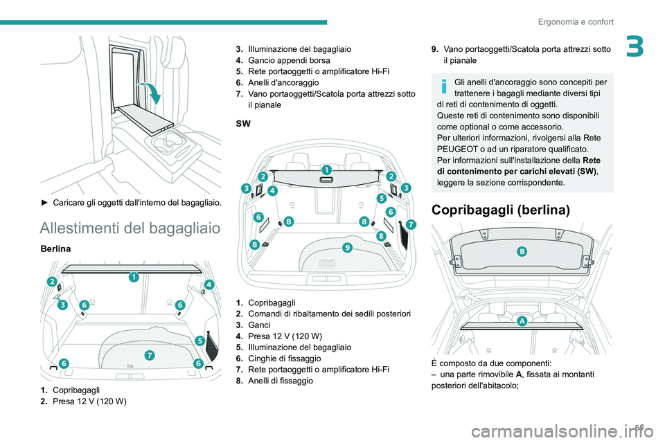 PEUGEOT 508 2023 Manuale duso (in Italian) 65
Ergonomia e confort
3
► Caricare gli oggetti dall'interno del bagagliaio.
Allestimenti del bagagliaio
Berlina
1.Copribagagli
2. Presa 12
V (120 W) 3.
Illuminazione del bagagliaio
4. PEUGEOT 508 2023 Manuale duso (in Italian) 65
Ergonomia e confort
3
► Caricare gli oggetti dall'interno del bagagliaio.
Allestimenti del bagagliaio
Berlina
1.Copribagagli
2. Presa 12
V (120 W) 3.
Illuminazione del bagagliaio
4.