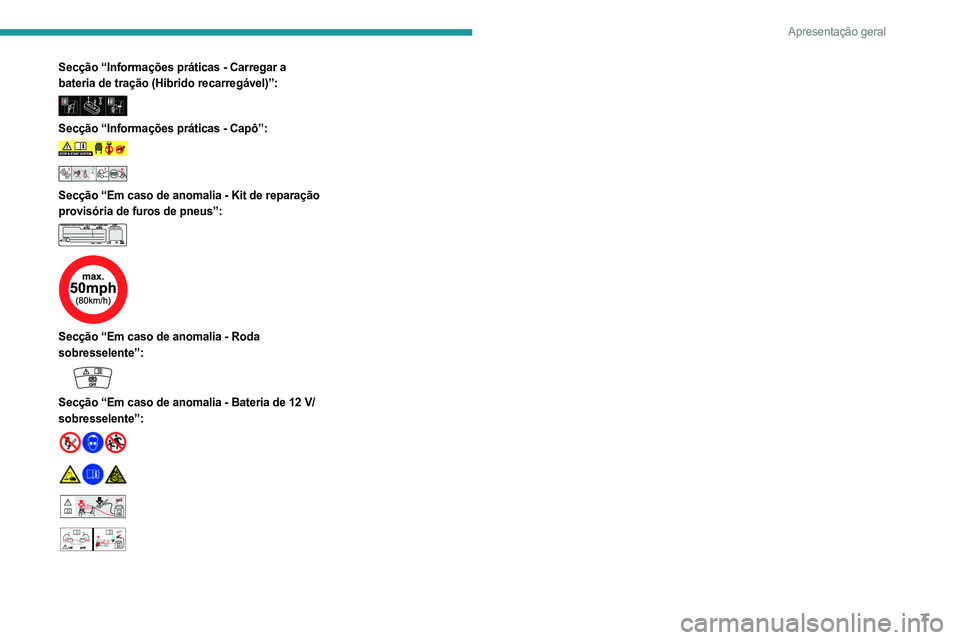 PEUGEOT 508 2023  Manual de utilização (in Portuguese) 7
Apresentação geral
Secção “Informações práticas - Carregar a 
bateria de tração (Híbrido recarregável)”:
 
 
Secção “Informações práticas - Capô”:  
 
 
Secção “Em caso 