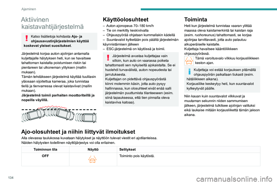 PEUGEOT 508 2023  Omistajan Käsikirja (in Finnish) 134
Ajaminen
Aktiivinen kaistavahtijärjestelmä
Katso lisätietoja kohdasta  Ajo- ja 
ohjausavustinjärjestelmien käyttöä 
koskevat yleiset suositukset .
Järjestelmä korjaa auton ajolinjan antam