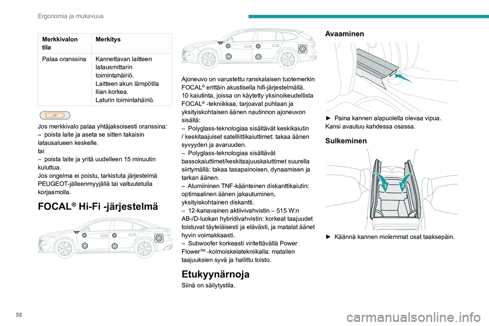 PEUGEOT 508 2023  Omistajan Käsikirja (in Finnish) 58
Ergonomia ja mukavuus
Merkkivalon 
tilaMerkitys
Palaa oranssina Kannettavan laitteen  latausmittarin 
toimintahäiriö.
Laitteen akun lämpötila 
liian korkea.
Laturin toimintahäiriö.
 
 
Jos me