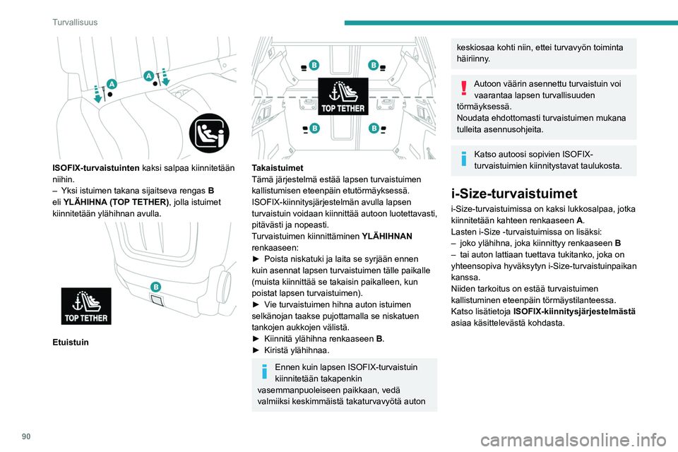 PEUGEOT 508 2023  Omistajan Käsikirja (in Finnish) 90
Turvallisuus
 
ISOFIX-turvaistuinten kaksi salpaa kiinnitetään 
niihin.
–
 
Yksi istuimen takana sijaitseva rengas
  
B
  
eli YLÄHIHNA (TOP TETHER), jolla istuimet 
kiinnitetään ylähihnan 