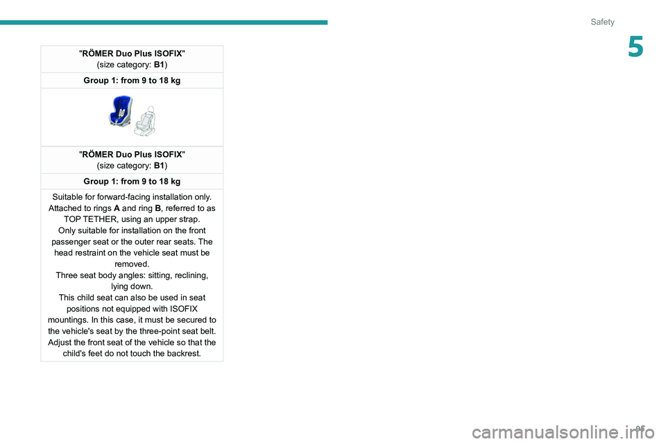 PEUGEOT 508 2021  Owners Manual 95
Safety
5"RÖMER Duo Plus ISOFIX"
(size category: B1)
Group 1: from 9 to 18 kg
 
 
"RÖMER Duo Plus ISOFIX "
(size category: B1)
Group 1: from 9 to 18 kg
Suitable for forward-facing 